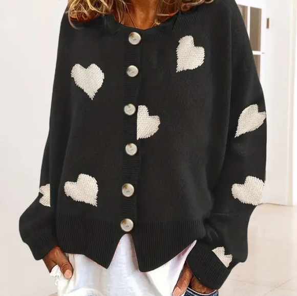 NWT Black Button Up Cardigan Sweater with White Hearts - Picture 2 of 4